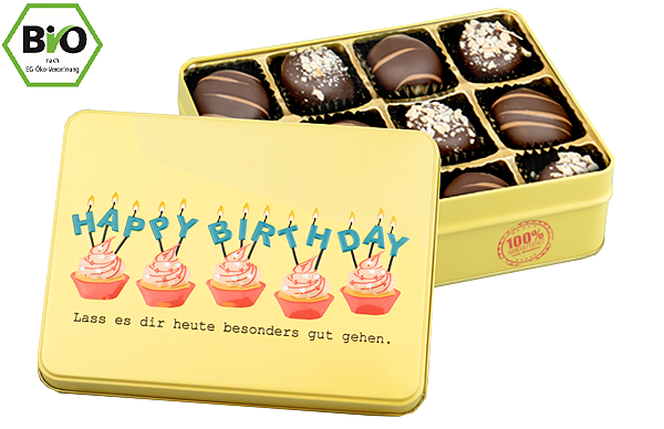 Präsentdose "Happy Birthday" mit Bio-Pralinen Präsentdose "Happy Birthday" mit Bio-Pralinen