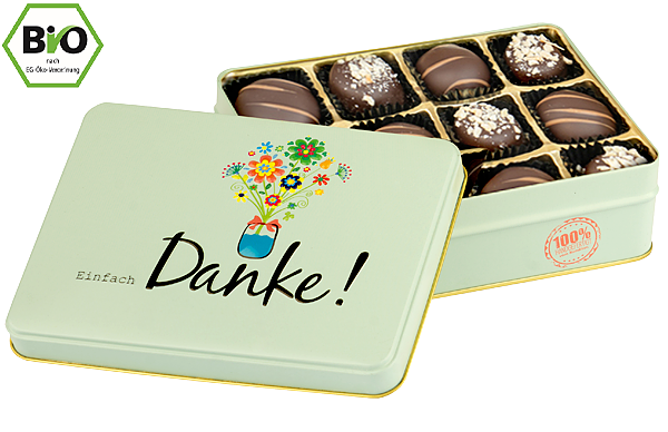 Präsentdose "Einfach Danke" mit Bio-Pralinen