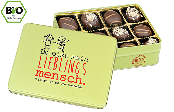 Präsentdose "Lieblingsmensch" mit Bio-Pralinen Präsentdose "Lieblingsmensch" mit Bio-Pralinen