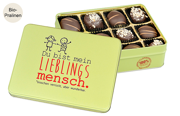 Präsentdose "Lieblingsmensch" mit Bio-Pralinen Präsentdose "Lieblingsmensch" mit Bio-Pralinen